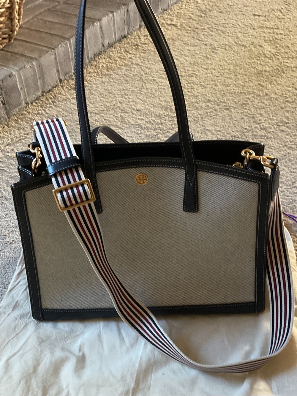 Tory Burch Black-Trim Canvas Tote with Striped Detachable Strap